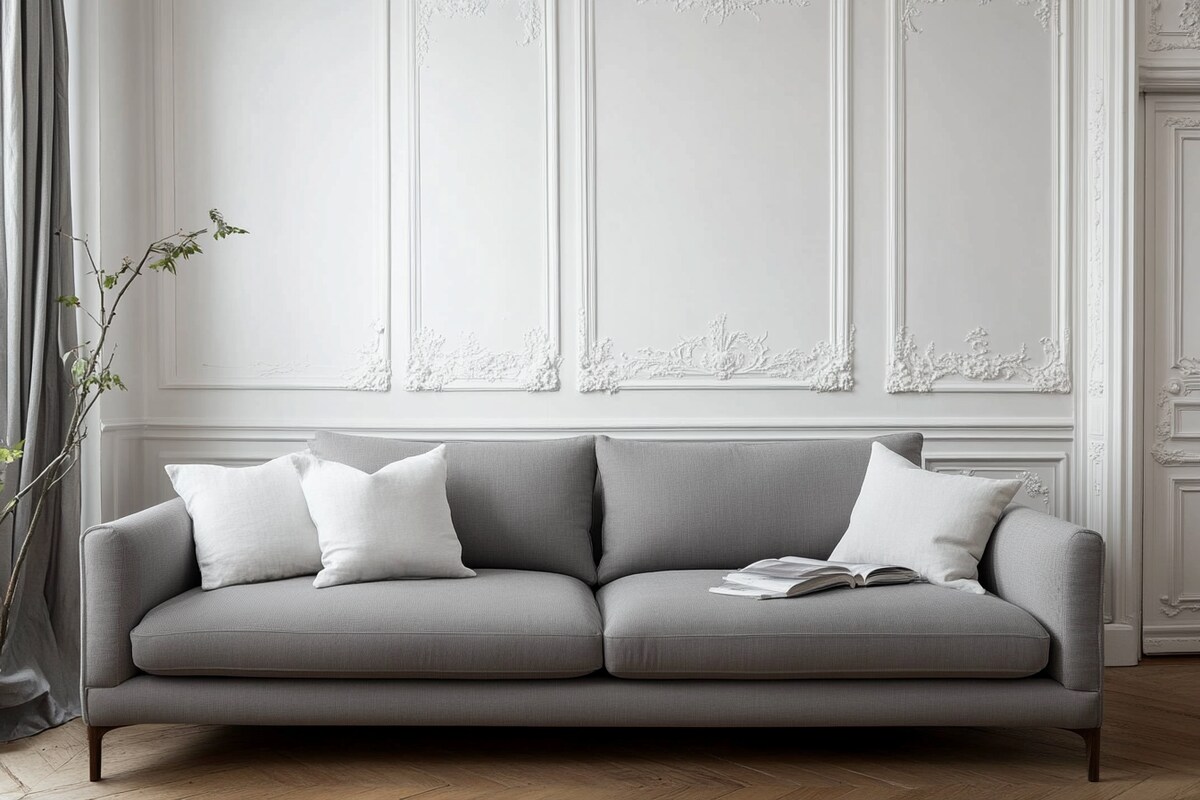 Modern Living Room Design with Grey Sofa and Wall Trim Modern Living Room Design with Grey Sofa and Wall Trim